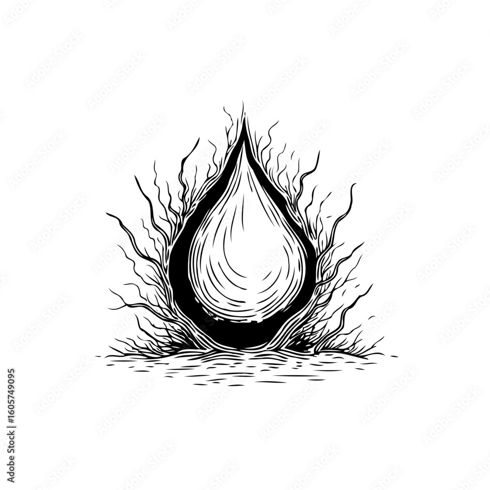 Poster stylized depiction of a teardrop shape with intricate line art and natural elements surrounding it
