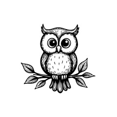 Stylized owl illustration perched on a branch with leaves conveying nature and wildlife representation art vector black and white