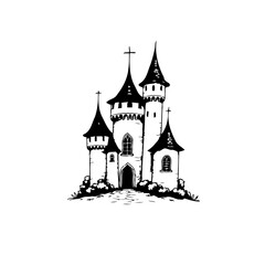 Obraz premium Enchanting medieval castle drawing in black and white evoking fairy tales and fantasy story illustration design