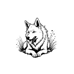 Detailed vector illustration capturing the serene gaze of a resting wolf surrounded by grass in black and white