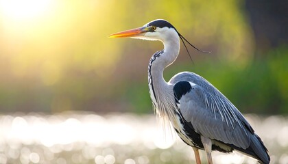Fototapeta premium Elegant grey heron portrait with a beautiful sunlight bokeh background