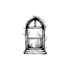 Intricate gothic window drawing with climbing plant and detailed branches, a touch of eerie beauty