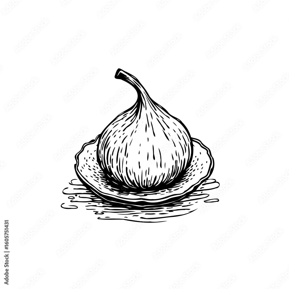 Poster single fig lying on a rustic plate with intricate lines capturing the fruit's textures and nuances m