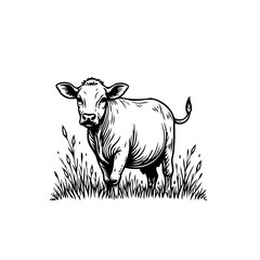 Charming illustration of a single cow amidst tall grass evoking rural serenity and livestock farming scenes