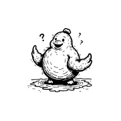 Cute cartoon chick character stands perplexed surrounded by question marks illustration in black and white design