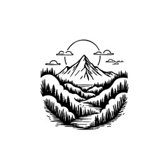 Monochrome landscape illustration showcasing majestic mountains dense forests and serene river valleys for adventure seekers and nature lovers