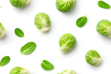 Obraz premium Brussels sprout and fresh green leaf on white background. Seamless food pattern in flat lay style for healthy eating and diet design.