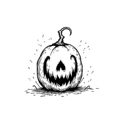 Spooky pumpkin illustration for halloween with scary smile and eyes in black and white artwork image