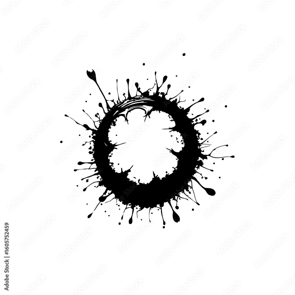 Poster monochrome graphic design of an ink blot or splash, circle shape pattern with splatters and droplets