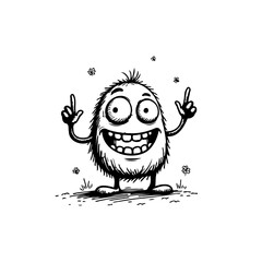Cheerful fuzzy monster illustration with a whimsical smile, raising both hands joyfully in a happy dance