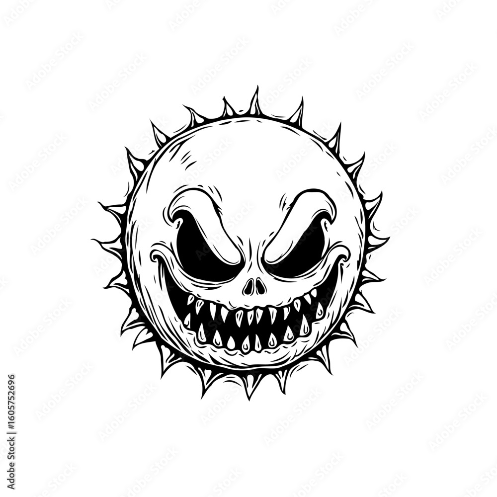 Poster evil sun illustration with sharp thorns and menacing expression creating a spooky atmosphere perfect