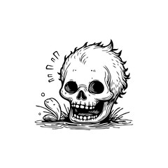 Illustrative depiction of a quirky skull character emerging from the ground with surprised expression