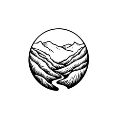 Mountainous valley scenery line art drawing for logo design and nature illustration with river flowing