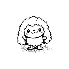 Adorable whimsical cartoon character with fluffy hair standing happily on dotted ground simple drawing