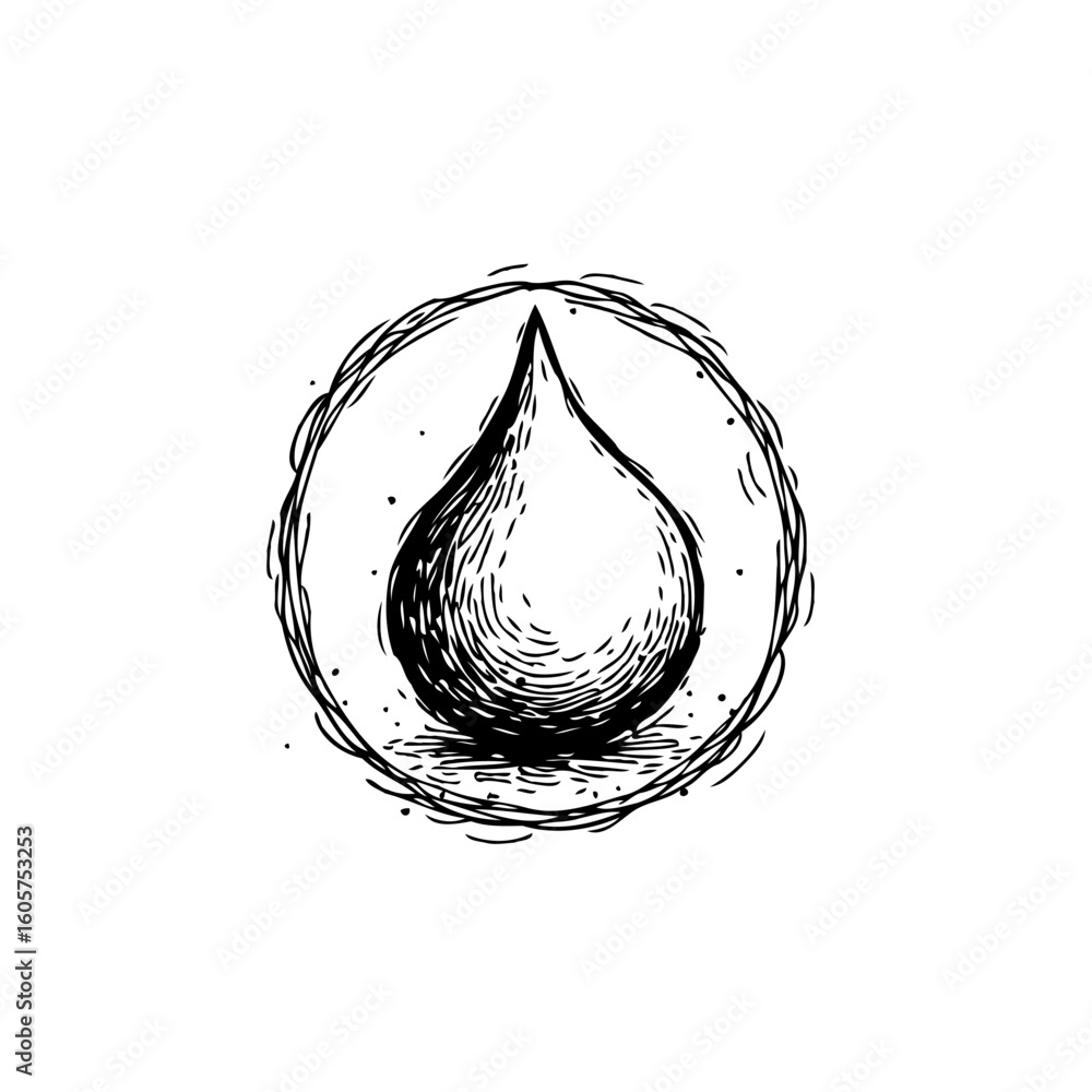 Poster ink sketch of a single water drop inside a circle symbolizing purity and natural essence water is th