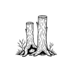 Black and white illustration showing a pair of tree stumps in graphic design style nature scene