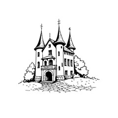 Hand drawn sketch illustration of a majestic castle with spires surrounded by trees and stone path isolated on white background