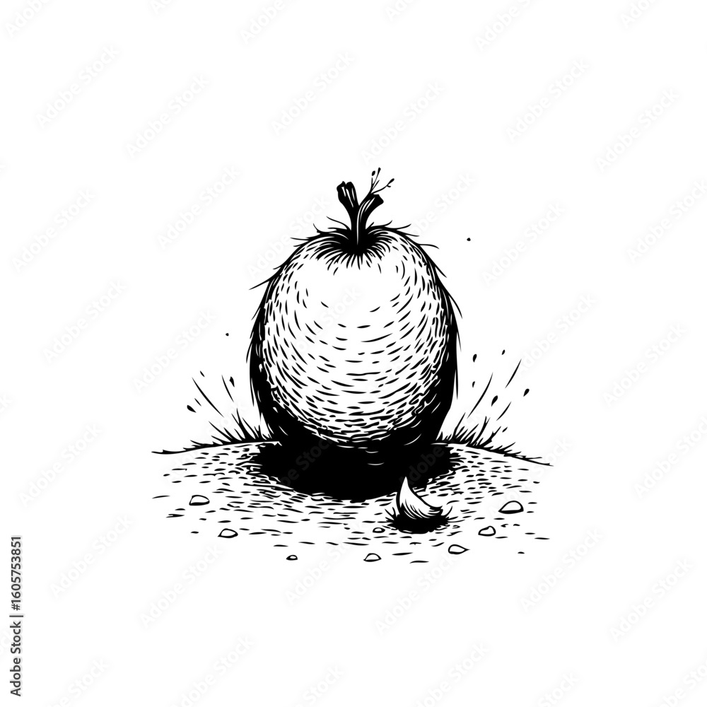 Poster whimsical ink drawing of a fuzzy fruit with a tiny leaf sprouting from its top set