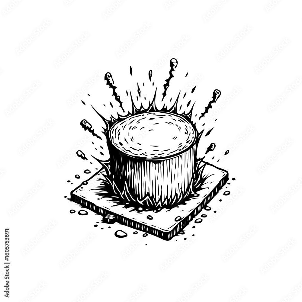 Poster elegant monochromatic illustration showing a cylindrical object creating water droplets after impact