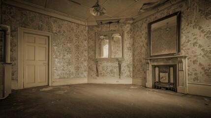 Obraz premium Abandoned room with old wallpaper and fireplace.