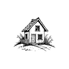 Cozy cottage nestled atop a gentle hill, exuding warmth and serenity in a monochrome sketch showcasing architectural charm