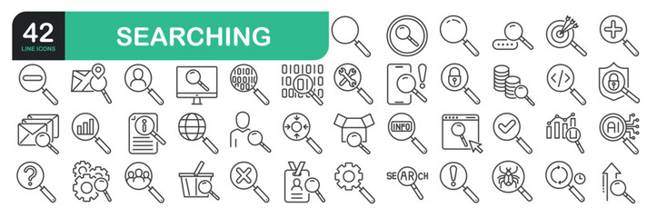 Set Of Search Icons. Contains such icons as Search, Magnifying Glass, Job Hunting, Searching, Big Data Analizing, Document Searching, Idea Search, Find People, Image Zoom, Internet Search, and more