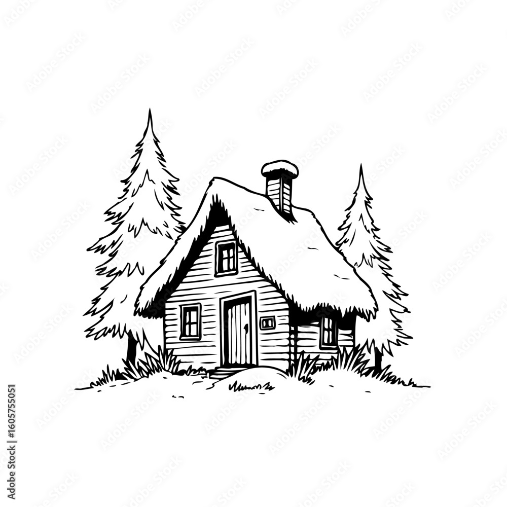 Poster illustrative rendering of a charming cabin nestled between pine trees in a serene forest setting per