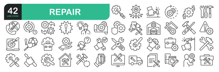 Set Of Repair Line Icons. The set includes a Maintenance, Repairman, Home Repair, Customer Service, Car Repair, Tools, Appliance Repair, and more.