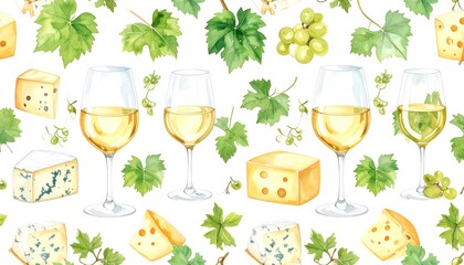 Elegant watercolor pattern displaying wine glasses, grapes, cheeses, and vine leaves, set against