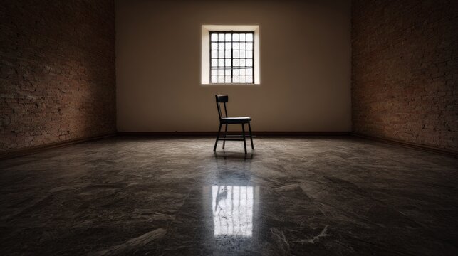 A solitary chair in a dimly lit empty room with a barred window.