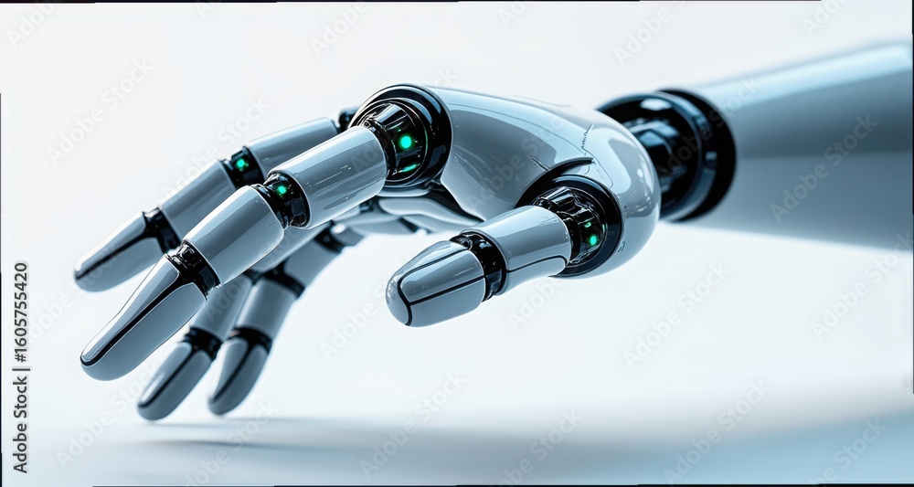 Poster robotic hand with tendon mechanics and data pulse visualization