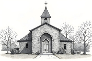 Illustration of Small Stone Church Building with Cross in Rural Setting