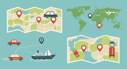 World Map Travel Routes with Different Transportations