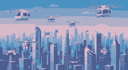 Pixel art concept of a futuristic city with autonomous drone air taxis flying over a modern metropolis skyline. Future urban mobility illustration.