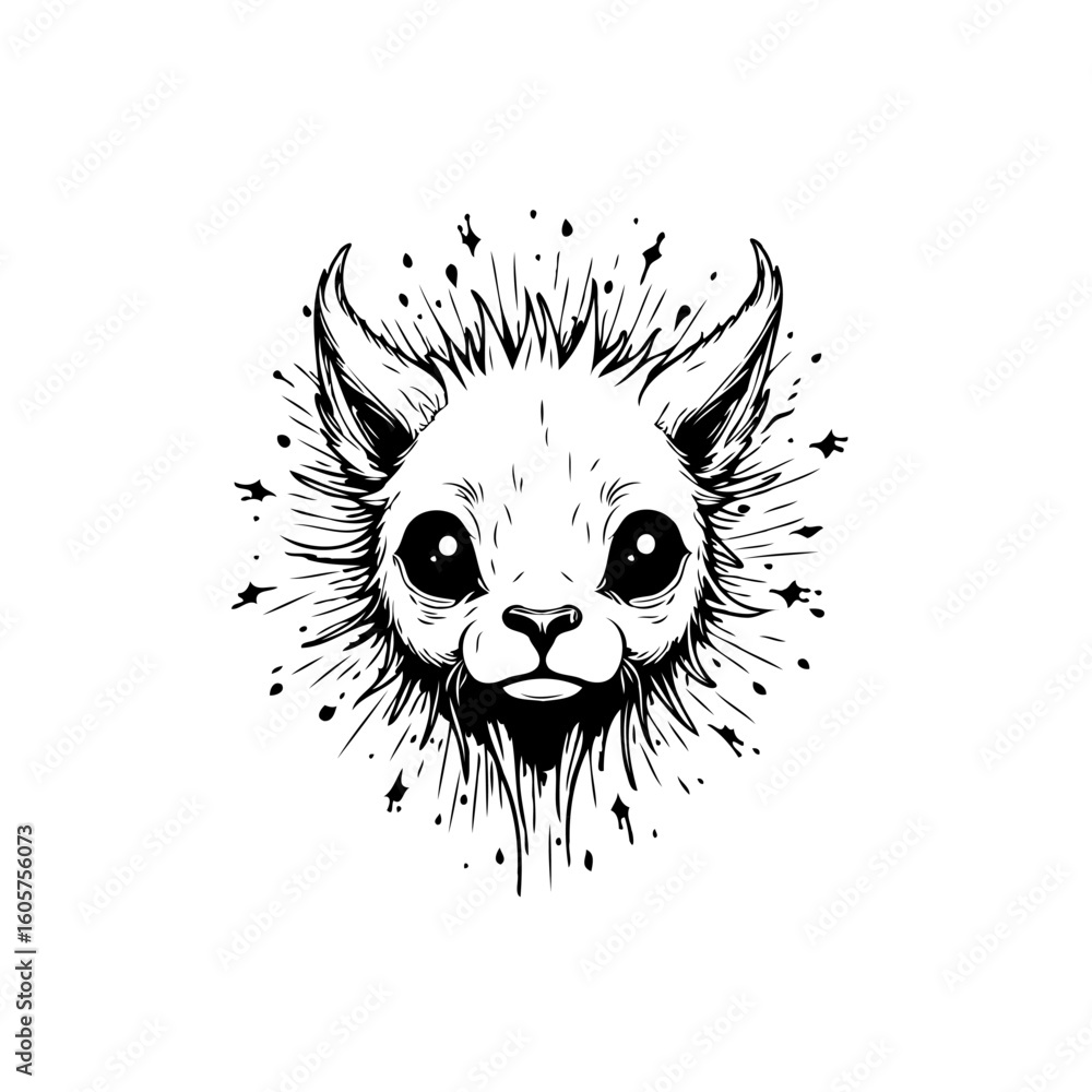 Poster detailed vector illustration showcasing a stylized llama head with expressive eyes and dynamic lines