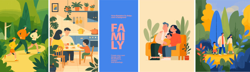 Vector illustrations of happy families running, walking in nature, and enjoying meals at home. Great for healthy lifestyle, parenting, love, and family bonding themed projects and designs.