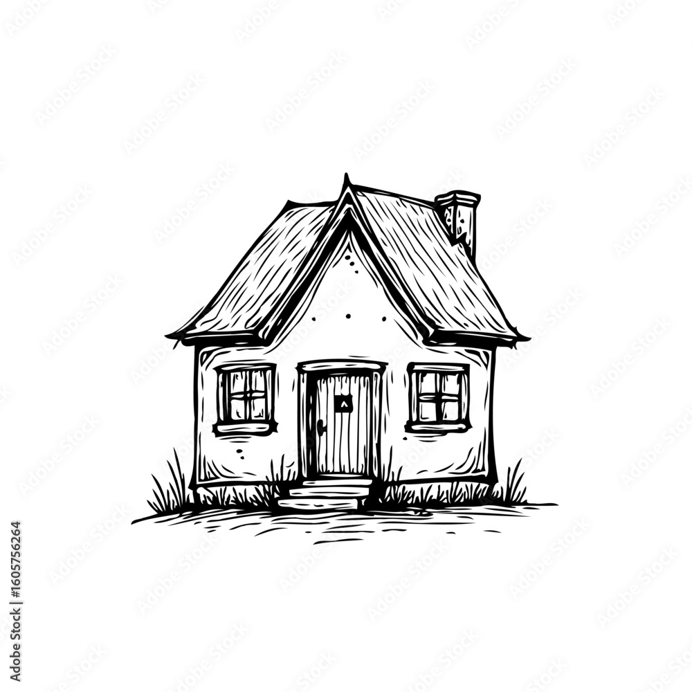 Poster charming monochrome sketch of a quaint house with unique architecture and design elements on white b