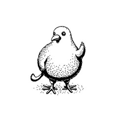 Whimsical illustration featuring a cute little bird with a hand raised waving on white backdrop in drawing style