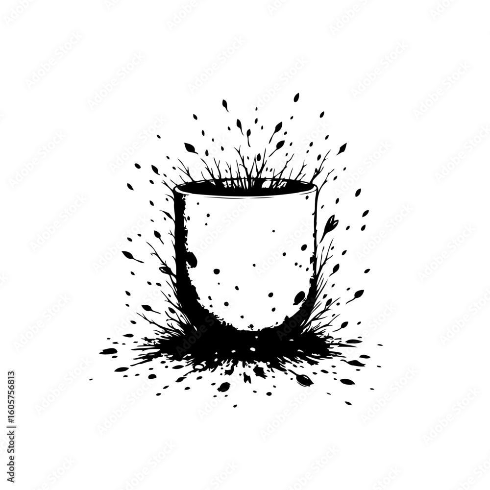 Fototapete abstract illustration of a vessel exploding with liquid creating dynamic black splatters and drips m