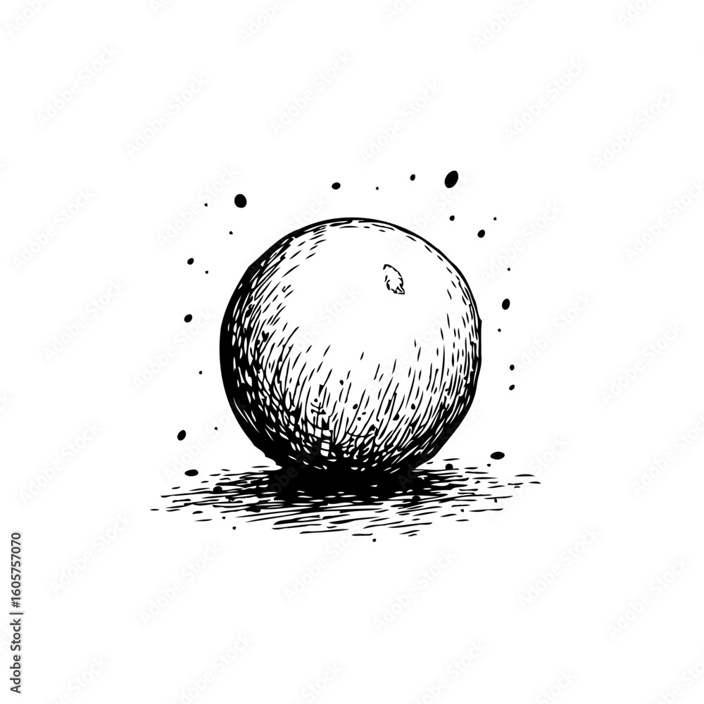 Poster monochrome sphere drawing of abstract vector ball surrounded by specks with shadow design