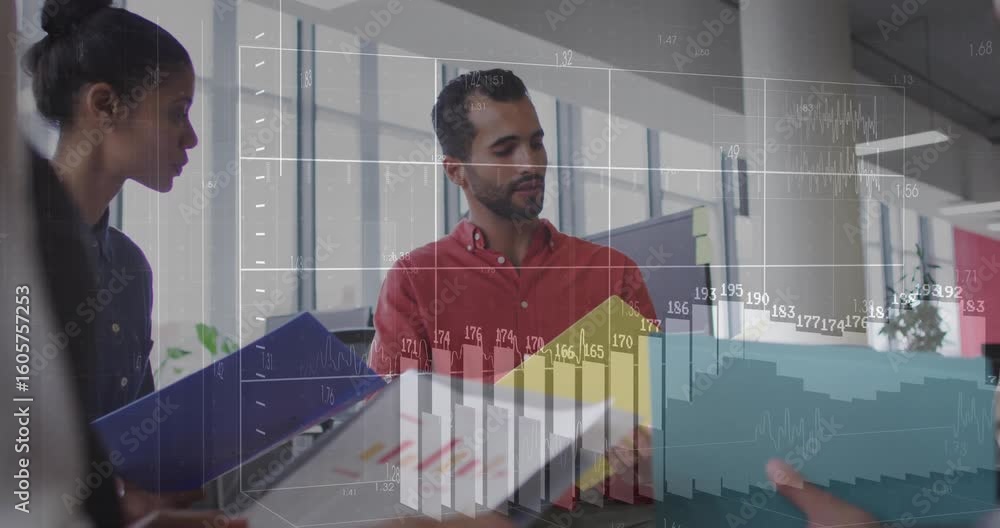 Poster businessman in red shirt gesturing chart while grid overlay rising into bar graphs showing trends
