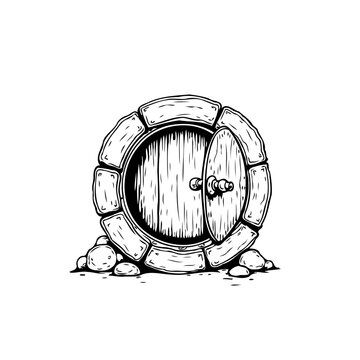 Whimsical illustration of a hobbit house entrance featuring a charming round wooden door and stone