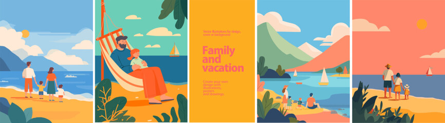 Family Beach Vacation Vector Set, Summer, Relaxation & Travel Fun. Vector illustrations of families enjoying beach vacations, sailing, and relaxing by the sea. Perfect for summer travel, leisure

