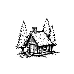 Obraz premium Rustic cabin amidst towering pine trees evokes a sense of tranquility and natural simplicity illustration