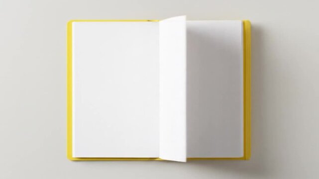 Overhead view of an open yellow notebook with blank white pages on a neutral colored surface top down