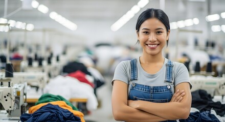 Smiling woman in overalls stands with arms crossed in a bright sewing factory, surrounded by sewing machines and fabric.