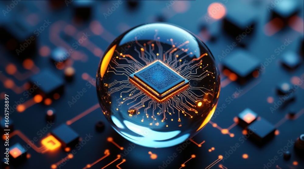 Poster stunning view of ai core embedded in glass sphere with gigapixel detail