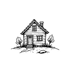 Charming hand drawn illustration of a cozy cabin nestled amidst nature's embrace a tranquil retreat home