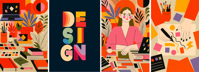 Creative Graphic Designer Vector Set. Art Studio, Tools & Inspiration. Vector illustrations of a graphic designer at work with art tools, books, and creative workspace. Ideal for design
