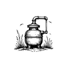 Vintage distillery illustration featuring a copper pot still with intricate details and natural elements around it evokes history
